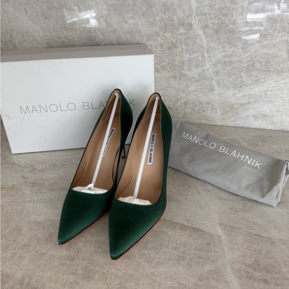 Manolo Blahnik Satin Emerald Green Heels